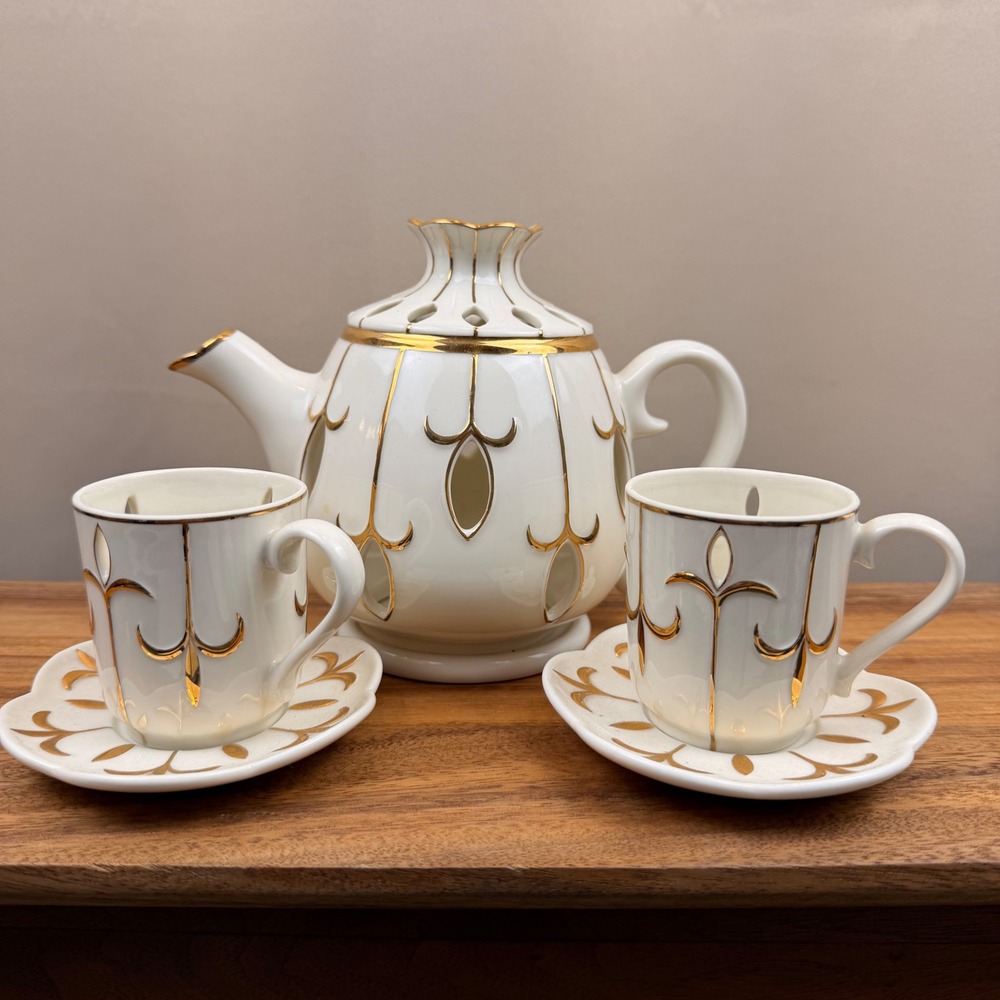 Vintage PartyLite Tea for Two 6pc Votive Holder Set Porcelain Gold Filigree
